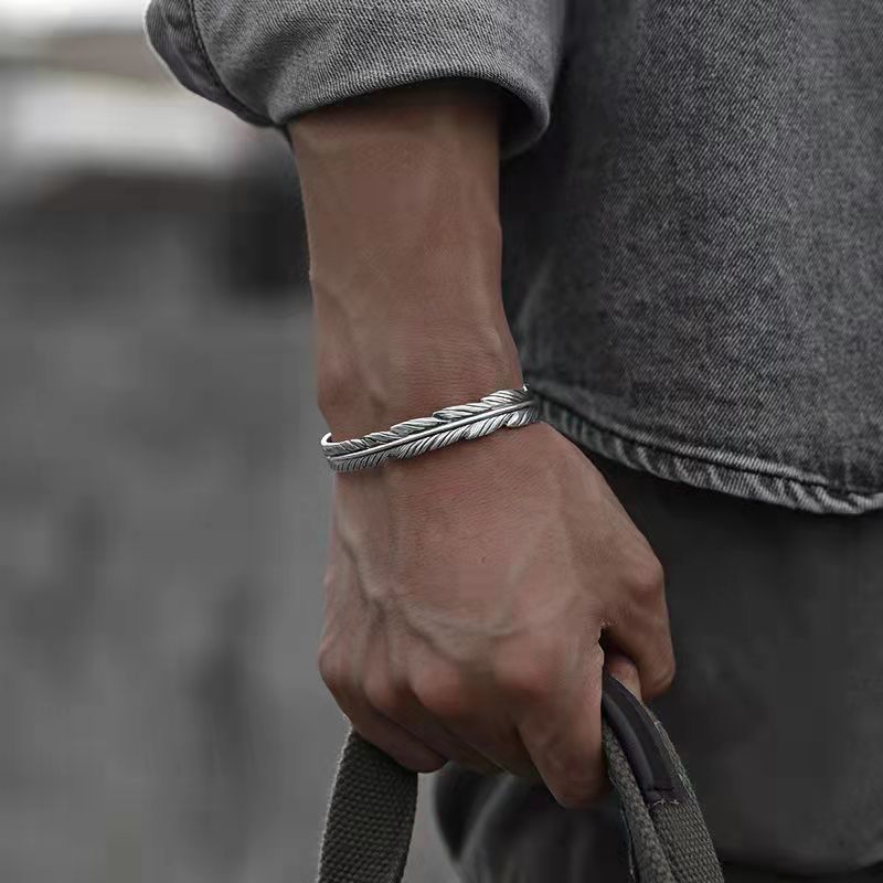 新款S925银羽毛手镯男潮印第安复