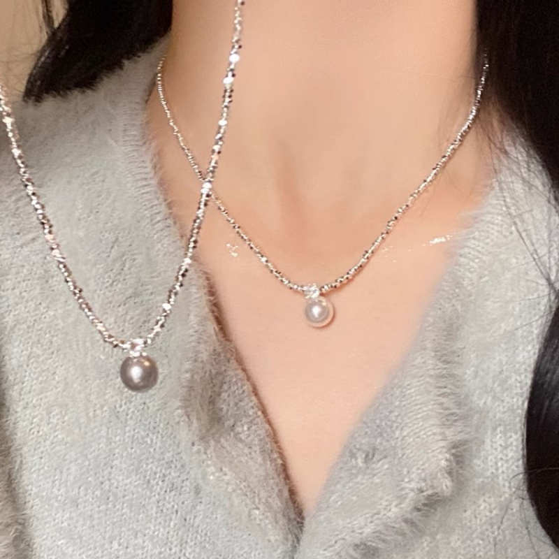925镀银法式轻奢碎银闪钻珍珠项链女精致高级感颈链小众个性设计