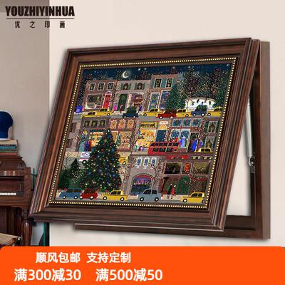 圣诞节日挂画遮挡配电箱电表盒复古法式中古插画北欧风街景装饰画