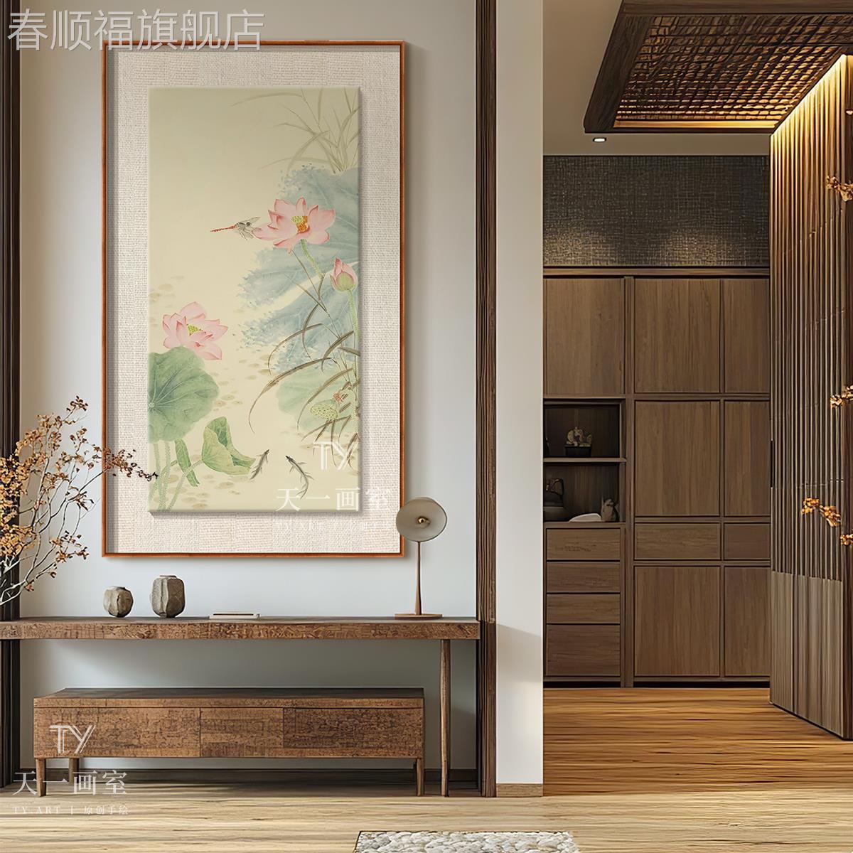 荷花手绘油画宋代美学入户正对大门玄关装饰画中国风宋氏客厅挂画图片