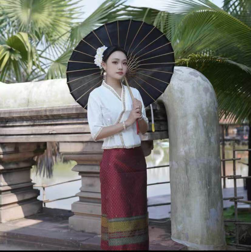 新款西双版纳傣族服装女中袖上衣长裙工作服传统傣族裙套装日常装