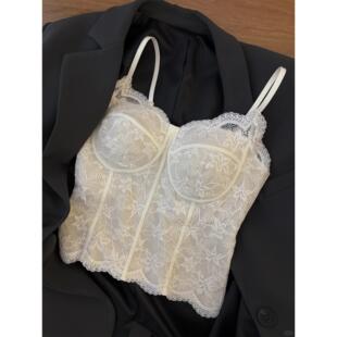 加绒蕾丝吊带背心女带胸垫法式马甲线鱼骨胸衣保暖背心西装内搭