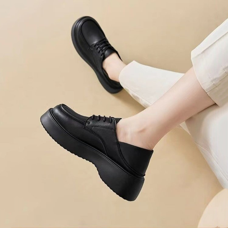 乐福鞋女秋季踩跟单鞋圆头百搭松糕厚底增高两穿英伦风JK小皮鞋女