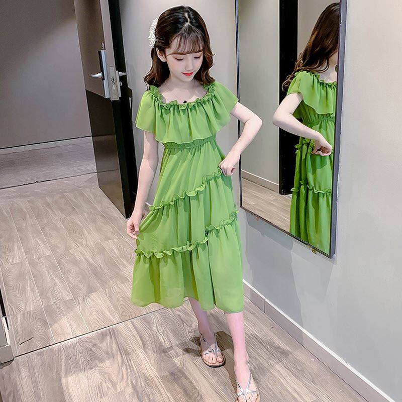 女童连衣裙夏季2023新款儿童女大童夏天长裙夏款韩版一字肩裙子夏