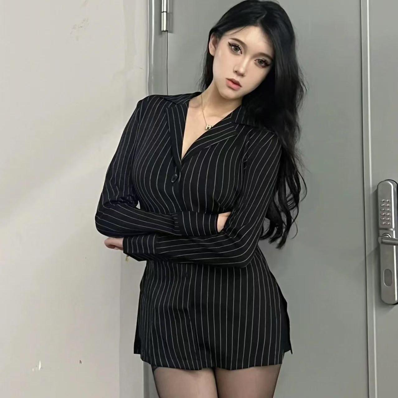 火辣制服睡裙御姐OL办公秘书职业装女男友风条纹衬衫纯欲修身收腰