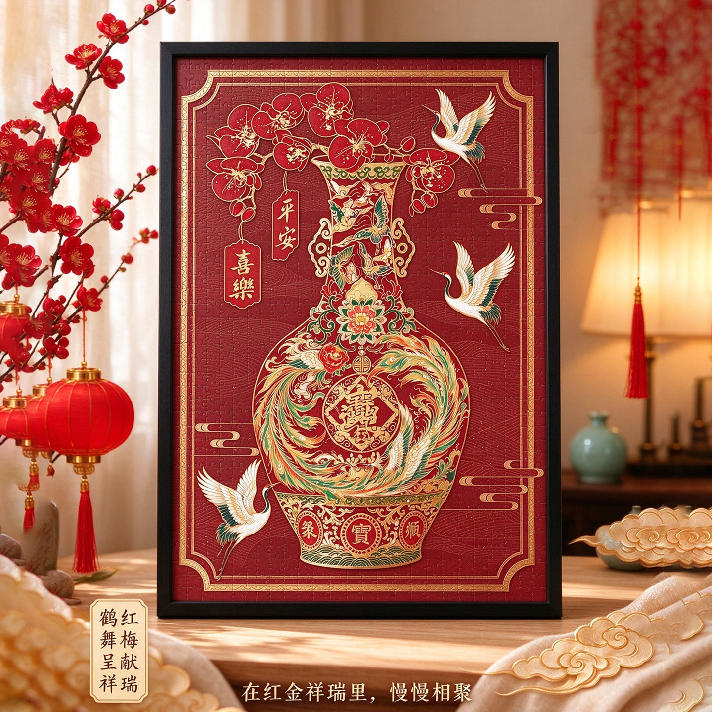 国风【富贵平安】木质拼图1000片高颜值插画玄关装饰益智玩具带框