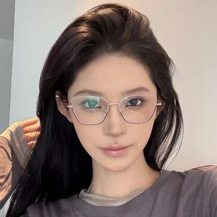 复古欧美风下半框金属猫眼眼镜女方圆脸显瘦高智感素颜可配近视潮