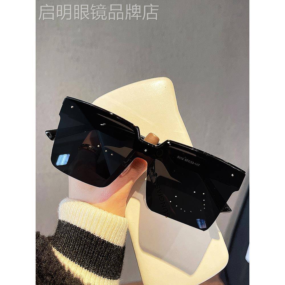 启明下半方框网红超黑色偏光墨镜女大框圆脸显瘦高级感街拍太阳眼