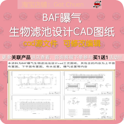 BAF曝气生物滤池池设计CAD工艺图纸、平面图、剖面图可编辑修改
