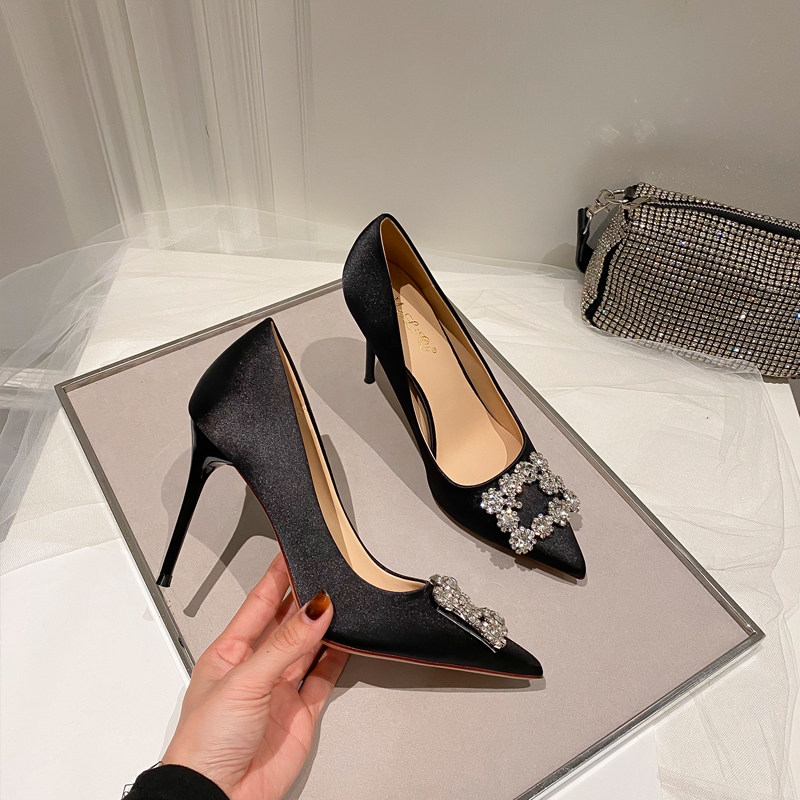 LET THE FLOWER BECOME A FLOWER POINTED TOE SQUARE BUCKLE RHINESTONE SATIN HEELS WOMENS FRENCH ELEGANT STILETTOS BRIDESMAID SHOES