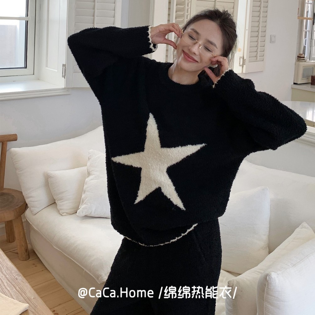 半边绒睡衣女秋季新圆领软绵绵女士保暖套装加绒加厚家居服可外穿