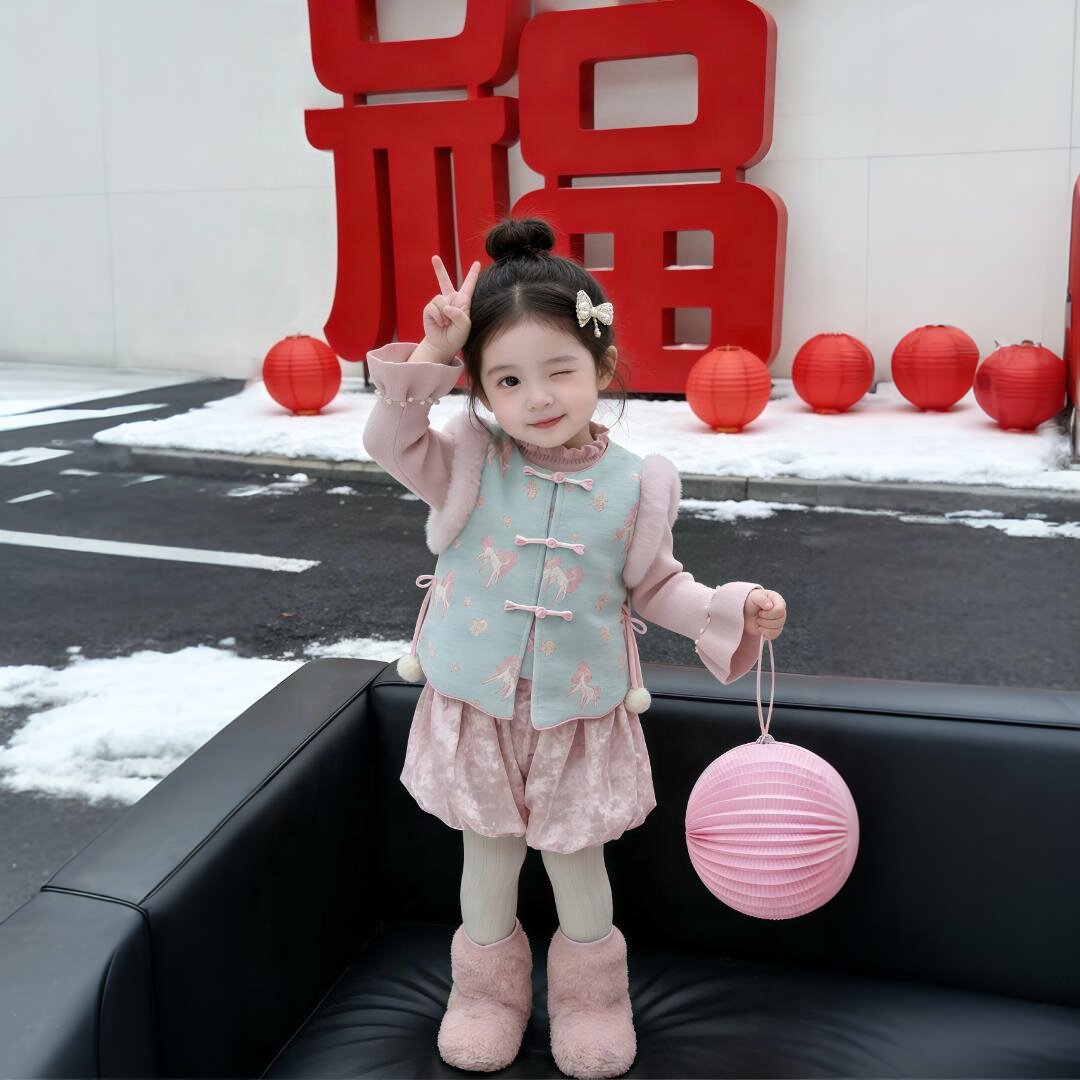 女童新中式套装2025冬装儿中国风夹棉刺绣马甲花苞短裤宝宝拜年服
