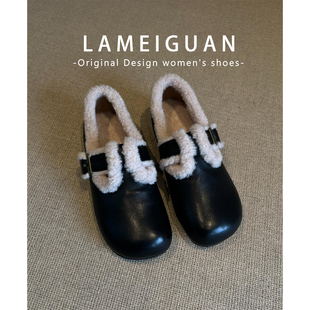 黑色复古毛毛扣带全包勃肯棉鞋女外穿2025秋冬新款厚底加绒棉单鞋