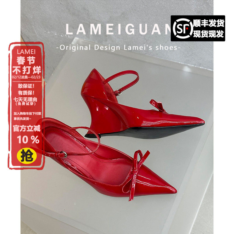 法式性感尖头蝴蝶结坡跟单鞋女2026春季新款绝美浅口不累脚高跟鞋