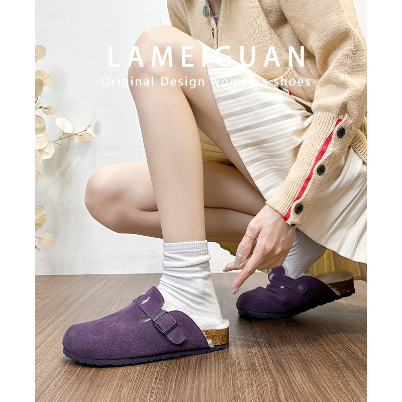 紫色厚底真皮懒人加绒增高勃肯鞋