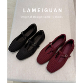 绝美针织T字带玛丽珍鞋 浅口平底芭蕾舞单鞋 女春2026新款 红色法式