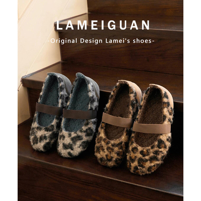 复古豹纹平底浅口玛丽珍毛毛鞋女