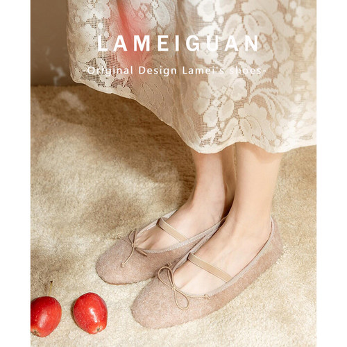 法式蝴蝶结平底加绒芭蕾舞单鞋女