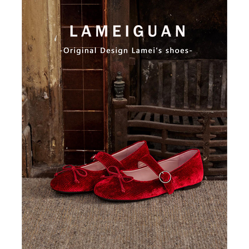 法式灯芯绒扣带蝴蝶结新娘婚鞋女春2026新款红色浅口平底玛丽珍鞋,女鞋,浅口单鞋,淘宝优惠券,粉丝福利购,淘宝优惠卷