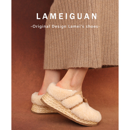 甜美羊羔毛毛厚底编织玛丽珍鞋女