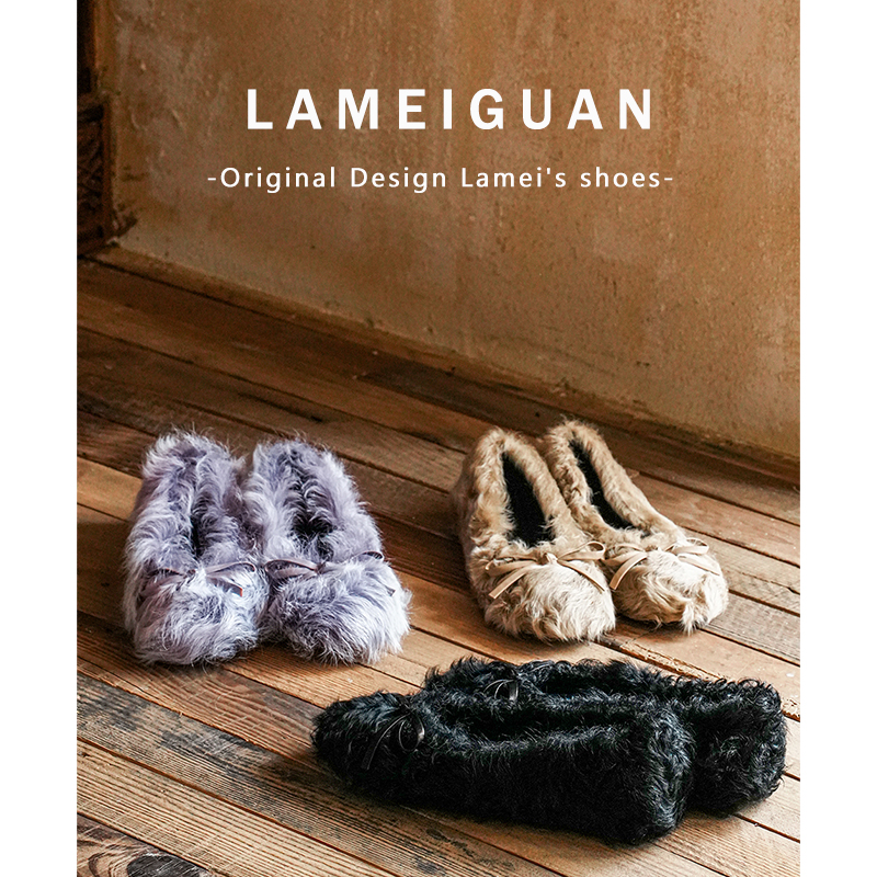 复古蝴蝶结羊羔毛平底浅口单鞋女