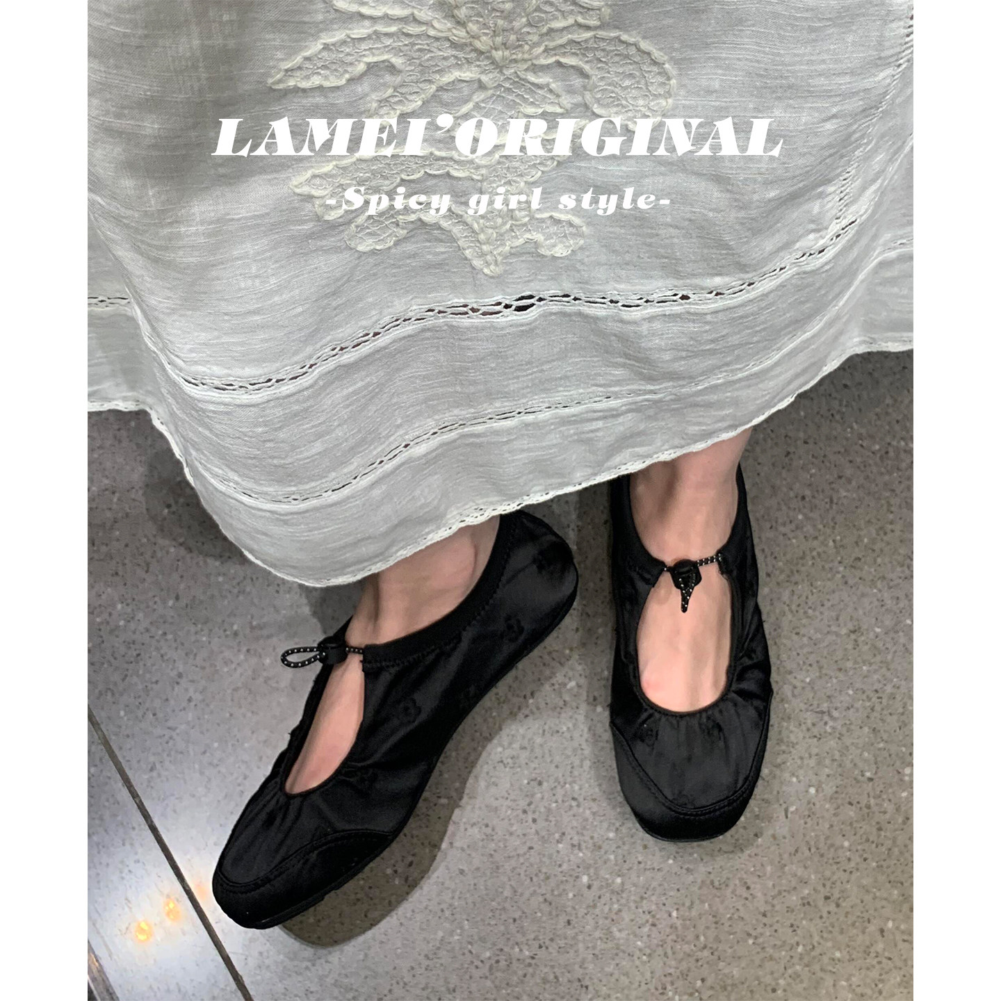 复古黑色束带浅口芭蕾舞鞋女春季