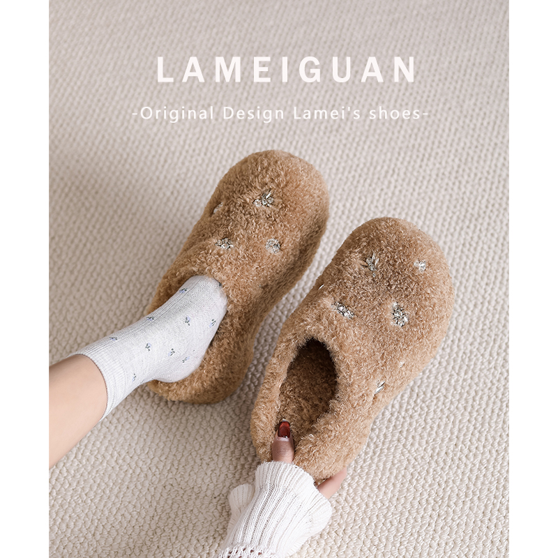 设计感水钻松糕厚底包头毛毛鞋女