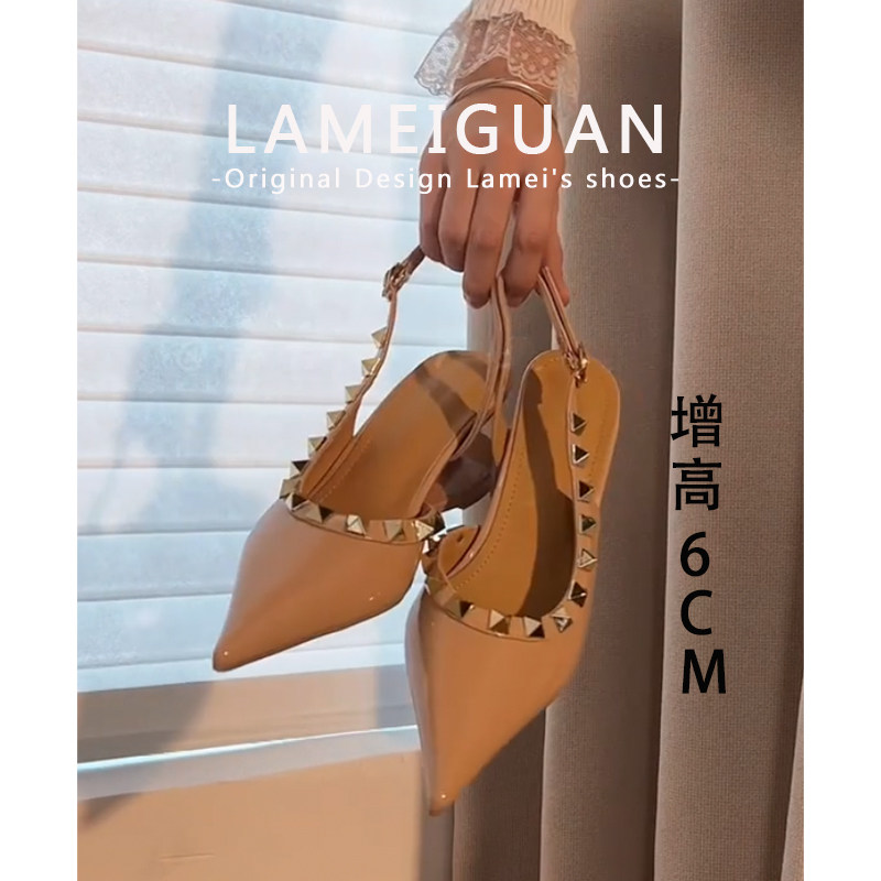 法式铆钉尖头后绊带高跟鞋女春2026新款裸色绝美通勤异型跟凉单鞋