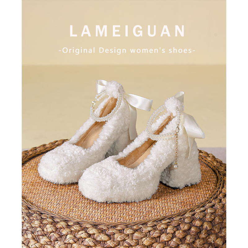 法式羊羔毛粗跟白色加绒高跟鞋女2025秋冬新款气质保暖方头棉单鞋