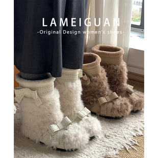 甜美蝴蝶结内增高保暖毛毛高筒长靴女冬2025新款加绒加厚底雪地靴