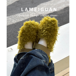 小众设计感扣带羊羔毛毛玛丽珍鞋女2025新款绿色浅口平底加绒单鞋