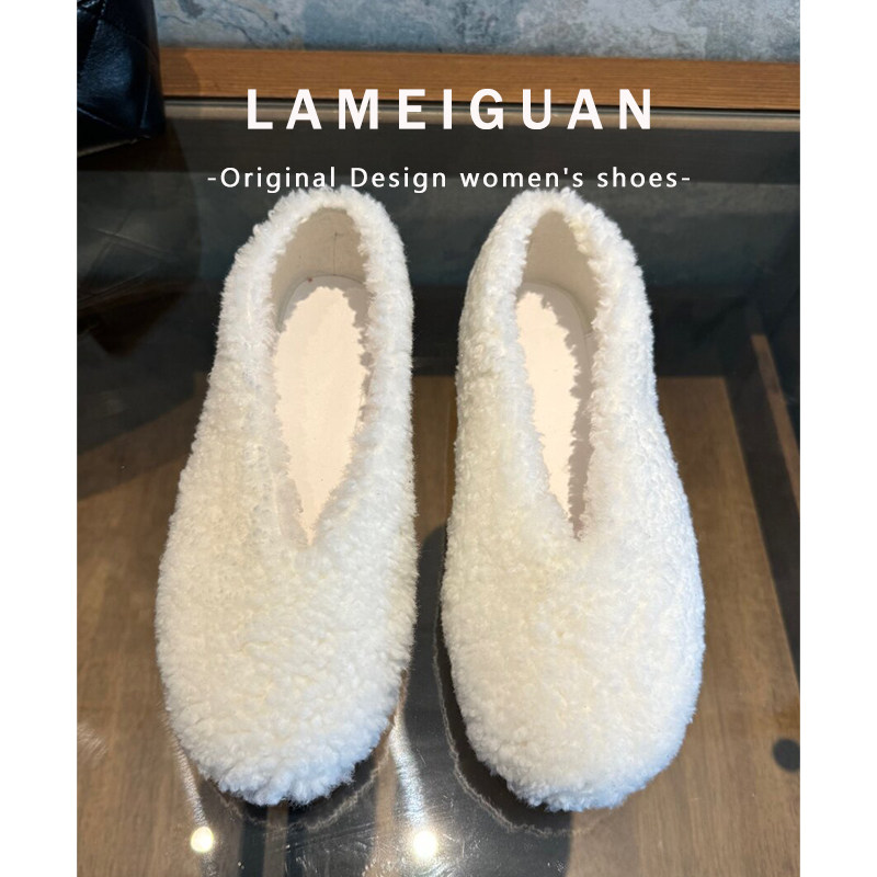 法式白色羊羔毛毛平底芭蕾单鞋女2025秋冬新款浅口加绒棉鞋一脚蹬