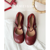圆头扣带玛丽珍鞋 女2026春季 新款 复古法式 红色气质浅口粗跟高跟鞋