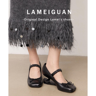 蝴蝶结高跟单鞋 法式 女春2026新款 黑色复古方头悬浮跟浅口玛丽珍鞋