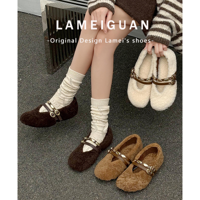 法式扣带平底羊羔毛毛玛丽珍鞋女