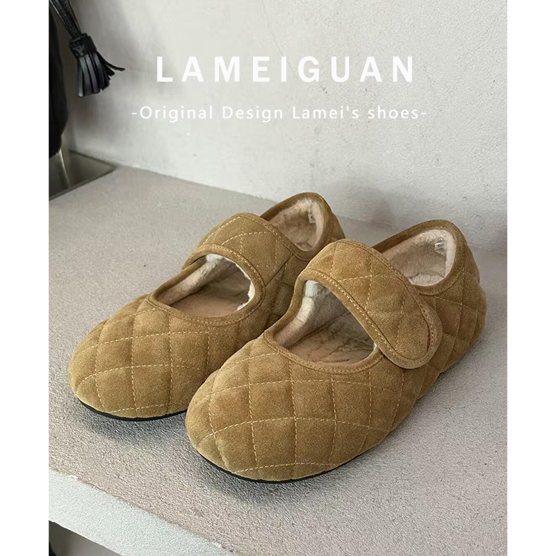 小众复古格纹魔术贴加绒玛丽珍鞋