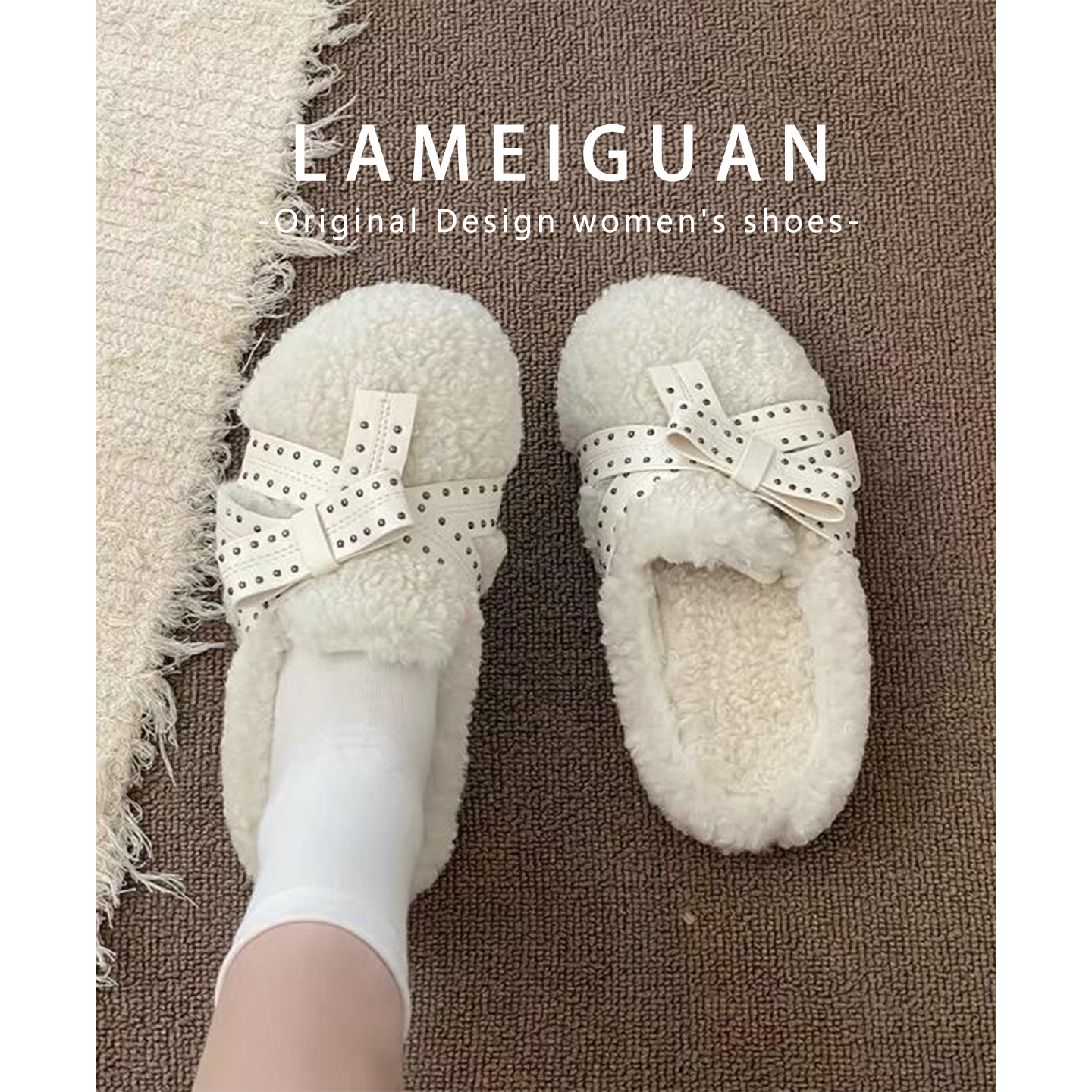 比熊蝴蝶结加绒懒人包头拖女外穿