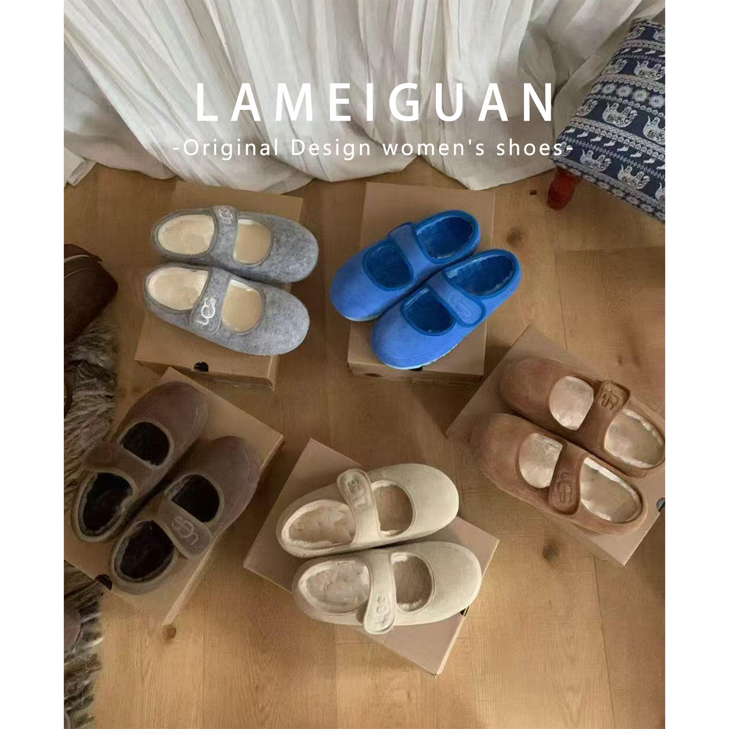 甜美厚底魔术贴加绒豆豆棉鞋外穿