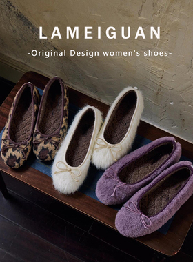 法式水貂毛浅口平底芭蕾单鞋女2025新款气质蝴蝶结加绒棉鞋一脚蹬