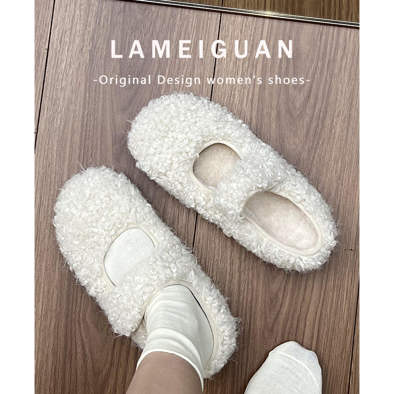 法式白色魔术贴羊羔绒毛玛丽珍鞋