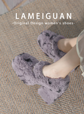 紫色斑点豹纹粗跟毛毛玛丽珍高跟鞋女粗跟2025秋冬款法式加绒单鞋