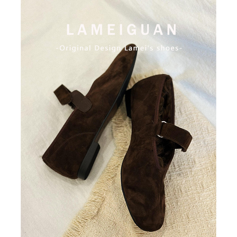 咖色复古扣带加绒玛丽珍鞋女秋冬