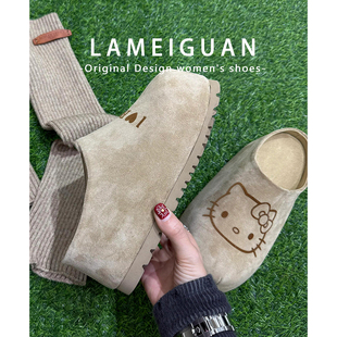 牛皮版！卡其色增高6cm厚底包头半拖鞋女外穿2025新款真皮勃肯鞋