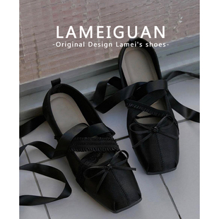 法式方头缎面绑带芭蕾舞玛丽珍鞋女2026春季新款绝美浅口平底单鞋