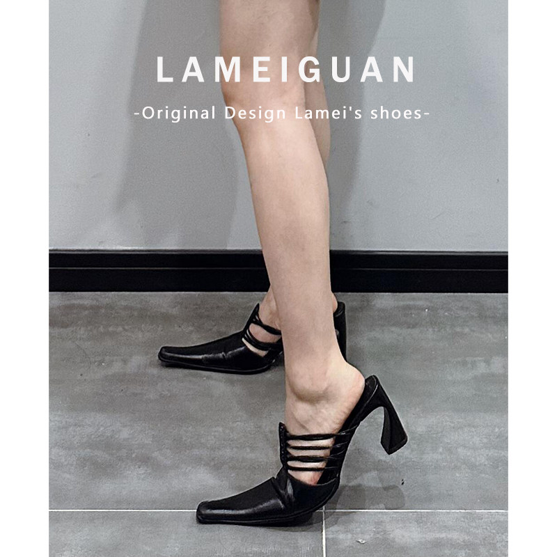 法式复古细带镂空异型跟单鞋女2026春季新款黑色方头后空高跟凉鞋