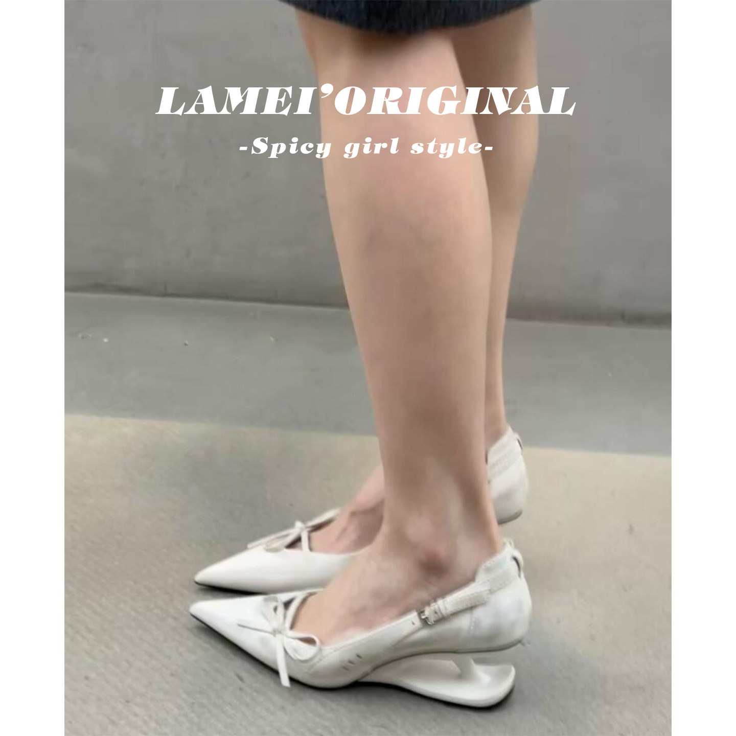 做旧设计感尖头蝴蝶结坡跟单鞋女2026夏季新款白色法式浅口高跟鞋