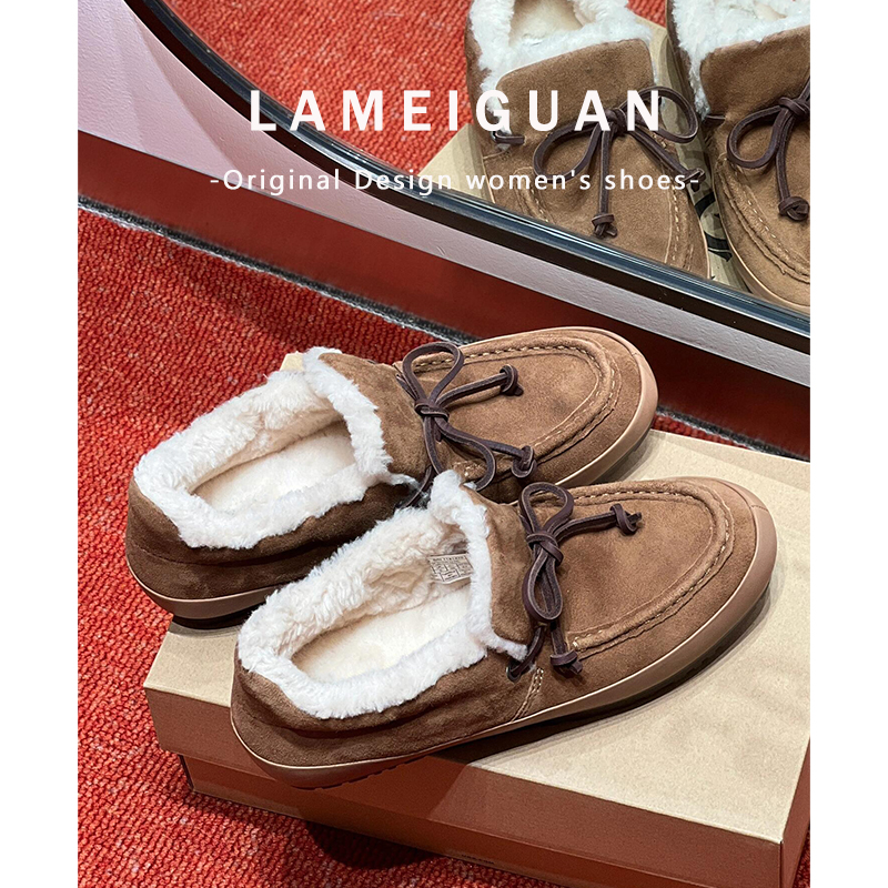 复古棕色真皮加绒深口单鞋女秋冬