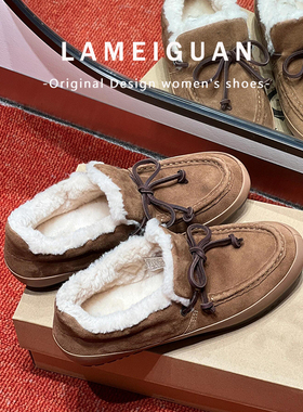 复古棕色真皮加绒深口单鞋女2025秋冬新款平底一脚蹬毛毛豆豆棉鞋