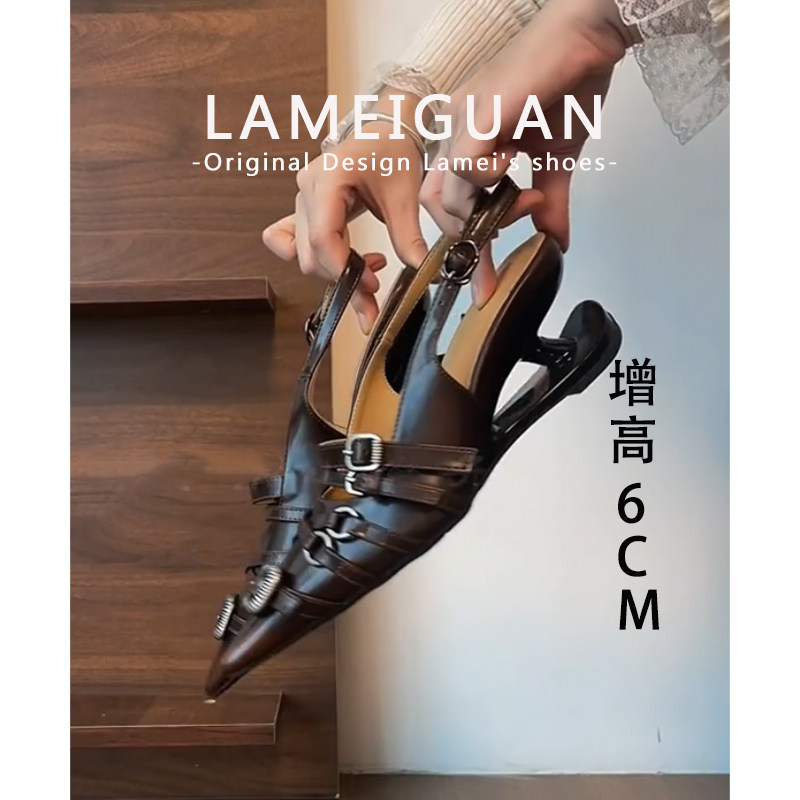 法式皮带扣后绊带尖头高跟鞋女2026新款棕色复古后绊带悬浮跟单鞋