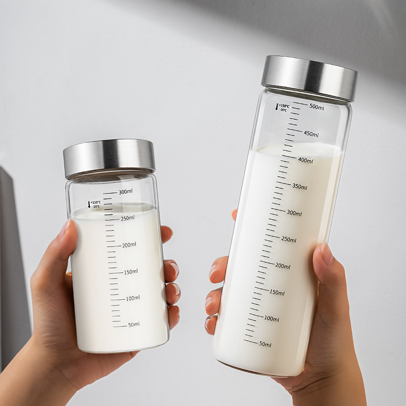 牛奶杯微波炉可加热带盖子毫升刻度瓶豆浆杯子家用可携式外带玻璃